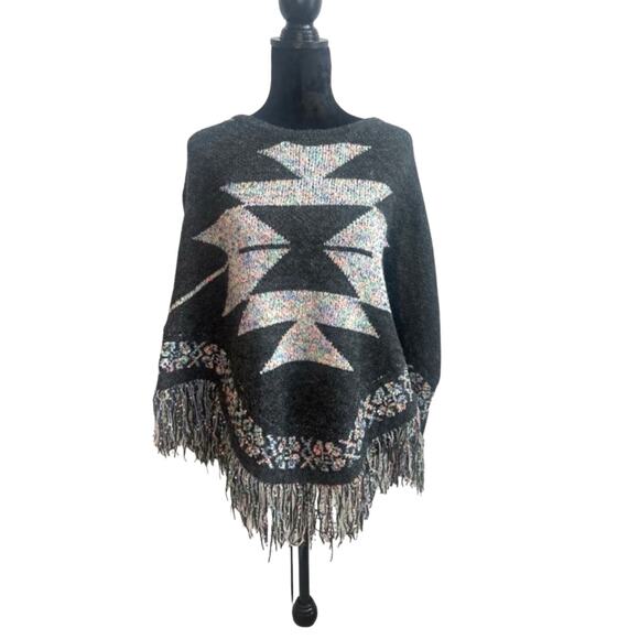 unknown Sweaters - Southwestern Knitted Dark Gray with Pastel Aztec Tribal Design and Fringe Pancho